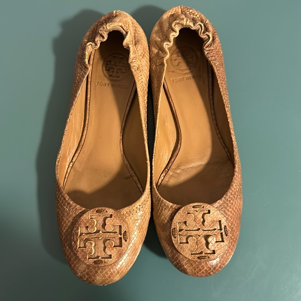 Tory Burch Reva Leather Flats Snake Skin Embossed Python Beige Size 8